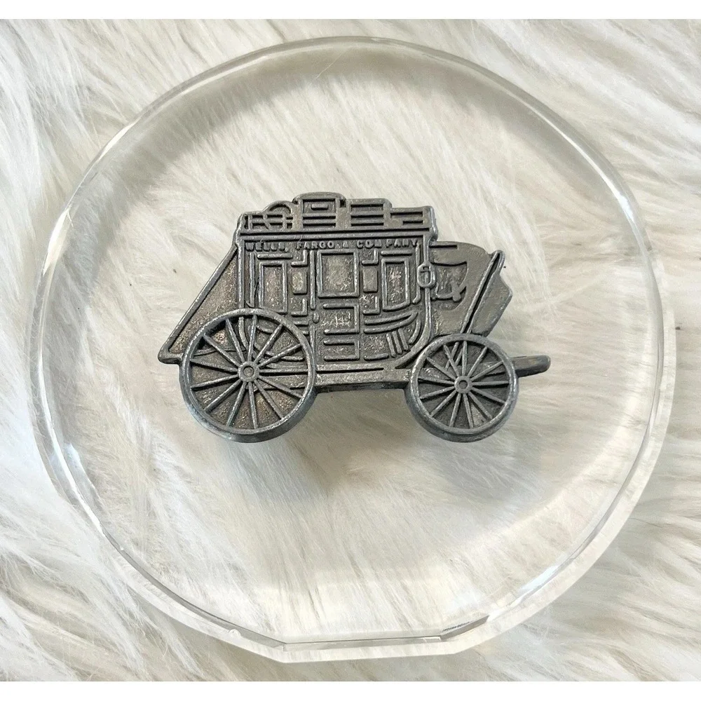 Wells Fargo & Company Stagecoach Paperweight Clear Acrylic Pewter Tone Western